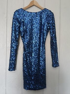 Dress The Population Nathalia Blue Sequin Long-Sleeve Bodycon Dress Medium